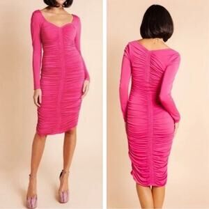 Rachel Parcell Hot Pink Bodycon Ruched V-neck Long Sleeved Dress Size Small
